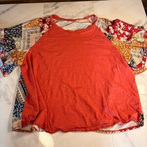 SHEIN Coral Raglan Short Sleeve Top with Patchwork Sleeves